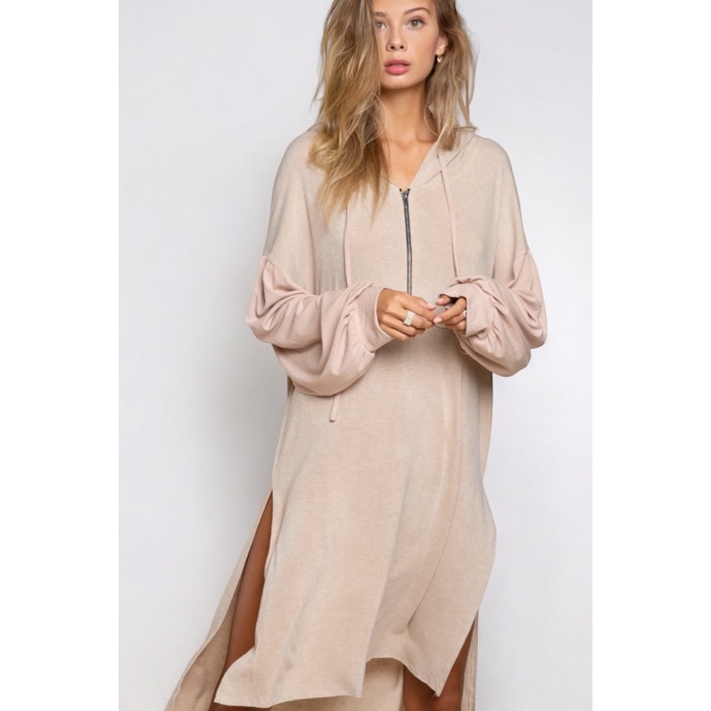 POL Mocha Beige Half Zip Long Sleeve Knit Slouchy Hoodie Dress - Picture 2 of 6